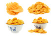 Freshly baked deep ridged potato chips and some in a decorated ceramic bowl on a white background