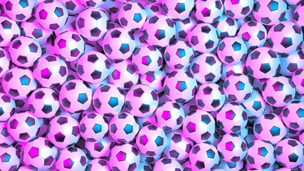 large pile of soccer balls in neon light for the whole frame