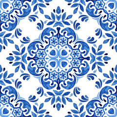 Wall Mural - Abstract blue and white hand drawn tile seamless ornamental watercolor paint pattern.