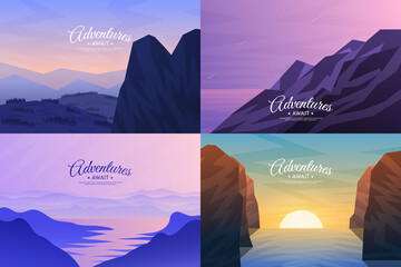 Wall Mural - a set of mountain vector landscapes in a flat style. minimalist natural wallpaper. polygonal concept