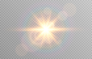 vector golden light with glare. sun, sun rays, dawn, glare from the sun png. gold flare png, glare f