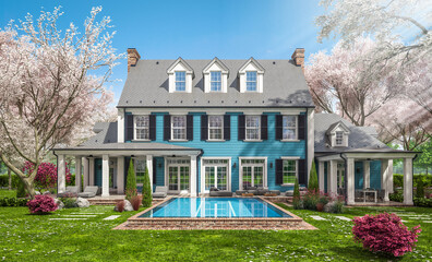 Wall Mural - 3d rendering of modern cozy classic house in colonial style with garage and pool for sale or rent with beautiful landscaping Fresh spring day with a blooming trees with flowers of sakura on backgraund