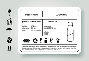 product description sticker. dimension and material descriptor. cargo label. shipping icons. package