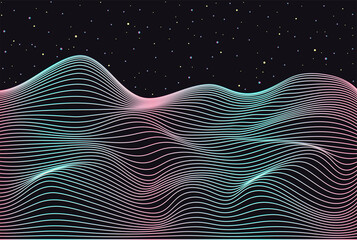 distorted neon grid pattern and stars space. abstract background. retro wave, synthwave, rave, vapor