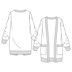 Wall Mural - Women Sweater Cardigan with large Pockets fashion flat sketch template. Girls Technical Fashion Illustration. Open Front with Large pockets