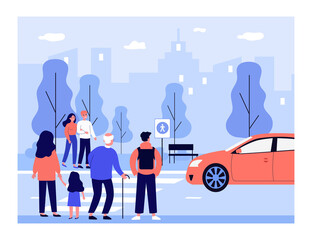 Crowd of people standing on zebra crossing. Car, pedestrian, city flat vector illustration. Traffic and urban lifestyle concept for banner, website design or landing web page