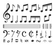 Music note. Vector icon set of music notes for musical apps, websites isolated on white background. Black silhouette musical key signs for song, melody, tune, instrumental scores.Musical notation note