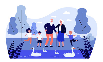 Wall Mural - Happy grandparents and kids walking in park together. Lake, swan, grandchild flat vector illustration. Family and outdoor activity concept for banner, website design or landing web page