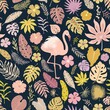 Seamless decorative pattern with flamingo bird and tropical colorful leaves