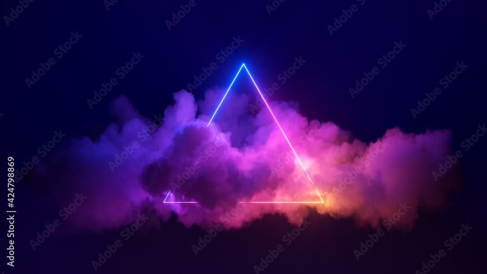 3d render, abstract background with cloud and neon triangular shape in the night sky. Stormy cumulus with glowing geometric frame - obrazy, fototapety, plakaty 