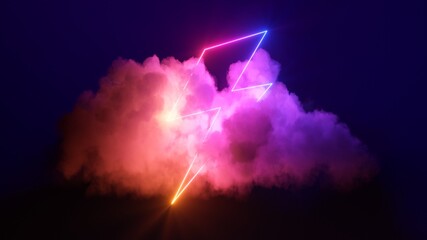Wall Mural - 3d render, abstract background with cloud and neon lightning sign in the night sky. Stormy cumulus with glowing geometric shape