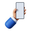 © NeoLeo - 3d render. Hand with smart phone icon. Cartoon character holds mobile gadget with blank touch screen. Business clip art isolated on white background