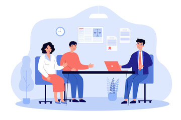 Wall Mural - lawyer talking to clients. legal worker giving advice to couple, financial consultation flat vector 