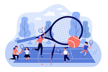 Coaches and children playing at tennis court. Adults teaching kids play tennis with rackets and balls in summer camp. Sport, group activity, training and education flat vector colorful illustration