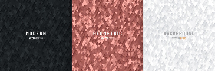 Wall Mural - Set of abstract seamless black, white, pink gold triangle 3D pattern background. Modern luxury geometric texture collection design. Vector illustration
