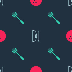 Sticker - Set Bowling ball, and arrow quiver and Tennis racket on seamless pattern. Vector