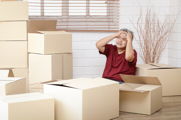 Fat men are stressed by the bulk of the cartons that have to deliver the goods to keep up with the orders. The concept of small entrepreneurs, online trading business, deliver goods by mail.