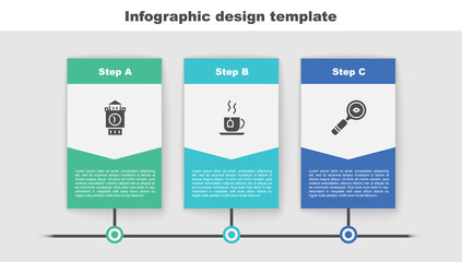 Poster - Set Big Ben tower, Cup of tea with tea bag and Magnifying glass. Business infographic template. Vector