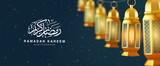 Fototapeta  - Islamic ramadan kareem brochure or background design template illustration with 3d realistic golden lantern lined up neatly 