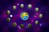 Fototapeta Młodzieżowe - Full cycle of bright moon with Earth on deep space