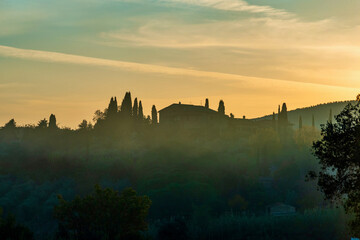 Sticker - San Gimignano, Tuscany: November 10 2021: panorama of the city of towers in Tuscany in autumn