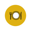 Food travel icon black in a yellow circle. Local restaurant and cafe. Street eatery. Culinary, dining and gastronomic pleasures. Vector graphics.