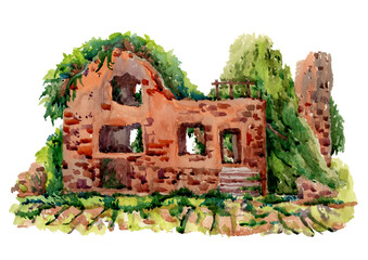 Ruins of an old castle. Watercolor drawing. Sunny day landscape. Old building.