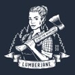 Lumberjack woman of carpenter or female axeman. Woodworker and logger with axe in hand. Monochrome print