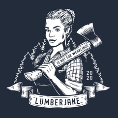 Wall Mural - Lumberjack woman of carpenter or female axeman. Woodworker and logger with axe in hand. Monochrome print