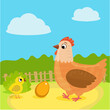 Farm. Hen, chicken, egg. Mother and baby. Vector illustration in cartoon style