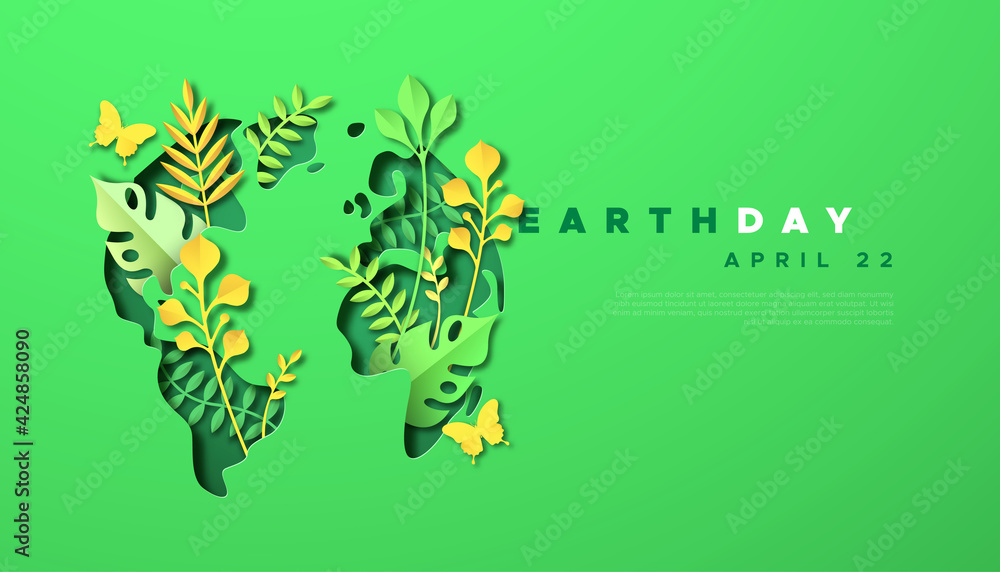 Earth day green paper cut leaf world map template - obrazy, fototapety, plakaty 