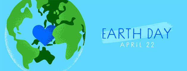 Earth Day green planet with heart cartoon banner