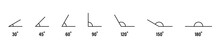 30, 45, 60, 90, 120, 150 And 180 Degree Icon Set. Different Angles Degrees Icon Set. Angles Set