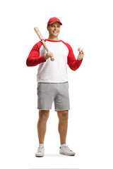 Sticker - Full length portrait of a young man holding a baseball bat and a ball