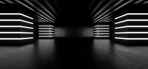 Wall Mural - A dark corridor lit by white neon lights. Reflections on the floor and walls. 3d rendering image.