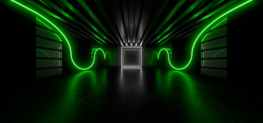 Wall Mural - Sci Fy neon lamps in a dark tunnel. Reflections on the floor and walls. 3d rendering image.