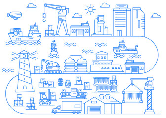 Wall Mural - Seaport Industry with dock Area Illustration Line art vector 