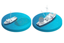 Isometric Shipping Seafood Industry Boat Isolated On White Background. Commercial Ocean Transportation Sea Fishing, Ship Marine Industry, Fish Boat. Fishing Boat, Fishing Vessel.