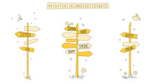 Set Of Yellow Doodle Road Sign. Simple Summer Signposts With Flowers And Butterflies.