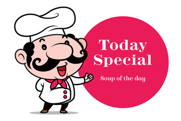 Smiling cute chef cartoon with big moustache introduce special menu with red circle signboard - character mascot