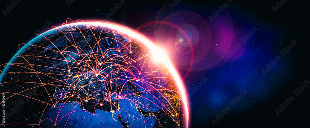 Global network connection covering the earth with lines of innovative perception . Concept of 5G wireless digital connection and future in the internet of things . 3D illustration . - obrazy, fototapety, plakaty 