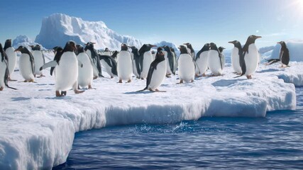 many gentoo penguins stand on the ice and jump into the water, with splash. antarctic ice, protectio