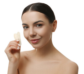 Sticker - Beautiful young woman doing facial massage with gua sha tool on white background