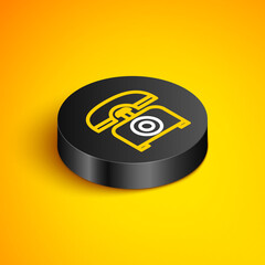 Canvas Print - Isometric line Telephone icon isolated on yellow background. Landline phone. Black circle button. Vector