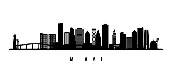 Canvas Print - Miami skyline horizontal banner. Black and white silhouette of Miami, Florida. Vector template for your design.