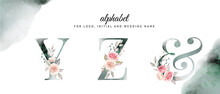 Watercolor Alphabet Set Of Y, Z With Beautiful Floral . For Logo, Cards, Branding, Etc
