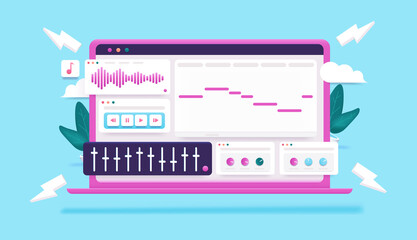 Electronic music creation on laptop computer - DAW (Digital audio workstation) on screen with midi and mixing elements. Colourful and editable 3d vector illustration.