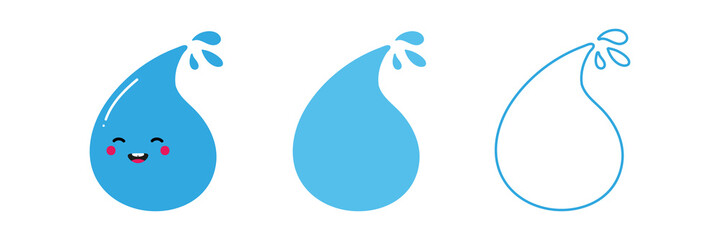 Wall Mural - Set, collection of cute cartoon style water drop character and water symbols, icons for beverage, hydration concept design.