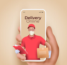 Online Delivery Service Or Delivery Tracking Mobile Application Concept With Semi-realistic Hand Holding Smartphone With Courier With Packing Coming Out From The Screen. 3d Vector Illustration
