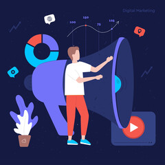 Wall Mural - digital marketing illustration concept with icons and characters. the man is engaged in marketing an